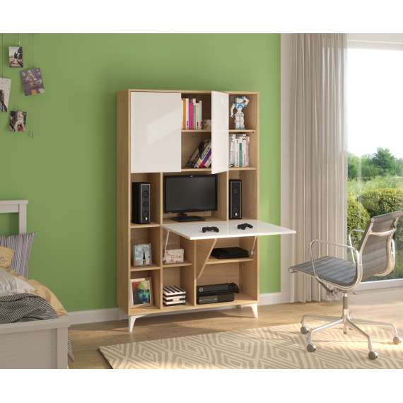 Skap med skrivebord Megan 2 - 105x175 cm - eik cremona - hvit høyglans