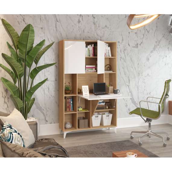 Skap med skrivebord Megan 2 - 105x175 cm - eik cremona - hvit høyglans