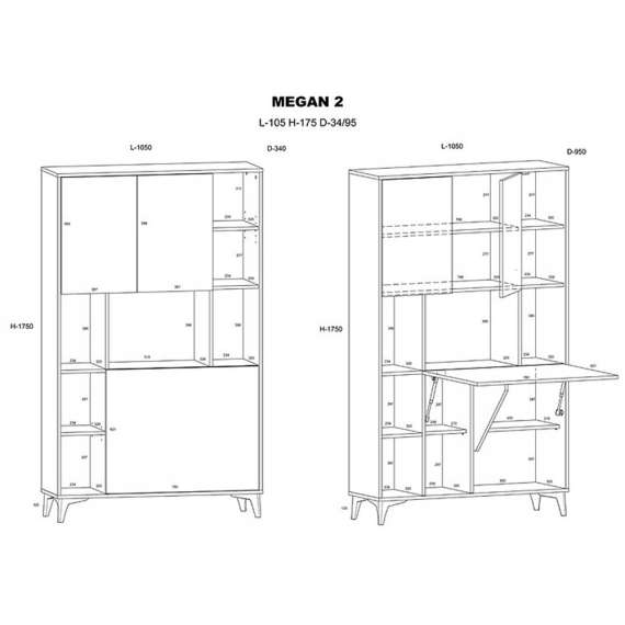 Skap med skrivebord Megan 2 - 105x175 cm - eik cremona - hvit høyglans