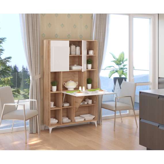 Skap med skrivebord Megan 2 - 105x175 cm - eik sonoma - hvit høyglans