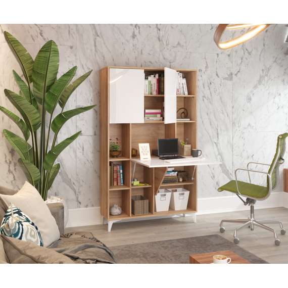 Skap med skrivebord Megan 2 - 105x175 cm - eik sonoma - hvit høyglans