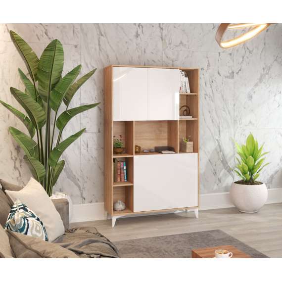 Skap med skrivebord Megan 2 - 105x175 cm - eik sonoma - hvit høyglans