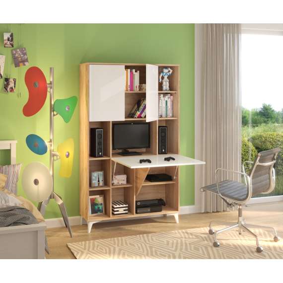 Skap med skrivebord Megan 2 - 105x175 cm - eik sonoma - hvit høyglans