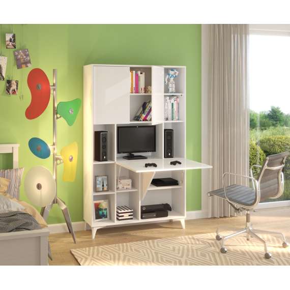 Skap med skrivebord Megan 2 - 105x175 cm - hvit matt - hvit høyglans