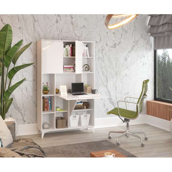 Skap med skrivebord Megan 2 - 105x175 cm - hvit matt - hvit høyglans