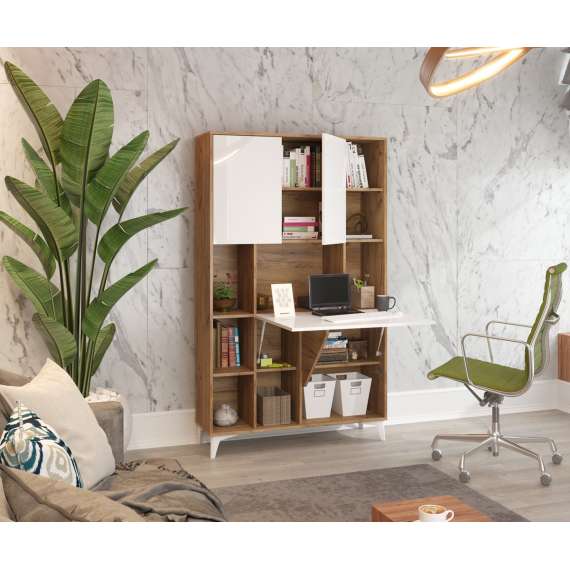 Skap med skrivebord Megan 2 - 105x175 cm - eik craft gold - hvit høyglans