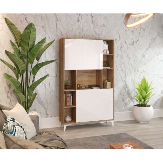 Skap med skrivebord Megan 2 - 105x175 cm - eik craft gold - hvit høyglans