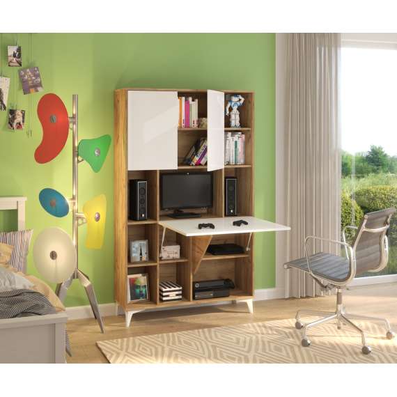 Skap med skrivebord Megan 2 - 105x175 cm - eik craft gold - hvit høyglans