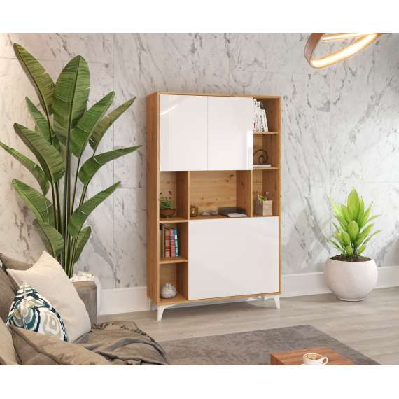 Skap med skrivebord Megan 2 - 105x175 cm - eik artisan - hvit høyglans