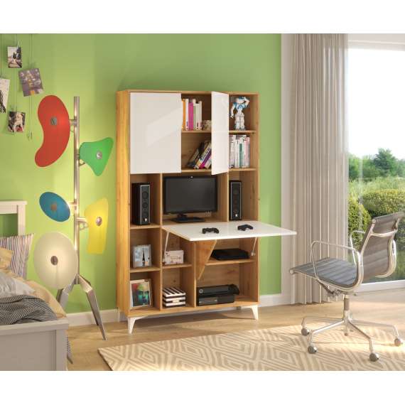 Skap med skrivebord Megan 2 - 105x175 cm - eik artisan - hvit høyglans