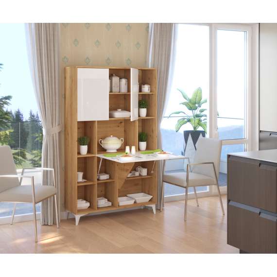 Skap med skrivebord Megan 2 - 105x175 cm - eik artisan - hvit høyglans