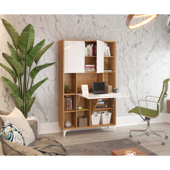 Skap med skrivebord Megan 2 - 105x175 cm - eik artisan - hvit høyglans