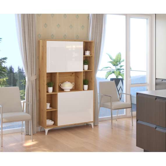 Skap med skrivebord Megan 2 - 105x175 cm - eik artisan - hvit høyglans