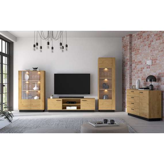 Skjenk Modesto - 138x86 cm - eik stille - svart matt - 1 dør - 4 skuffer