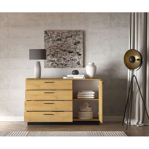 Skjenk Modesto - 138x86 cm - eik stille - svart matt - 1 dør - 4 skuffer