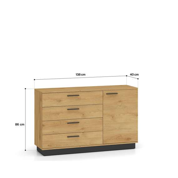 Skjenk Modesto - 138x86 cm - eik stille - svart matt - 1 dør - 4 skuffer