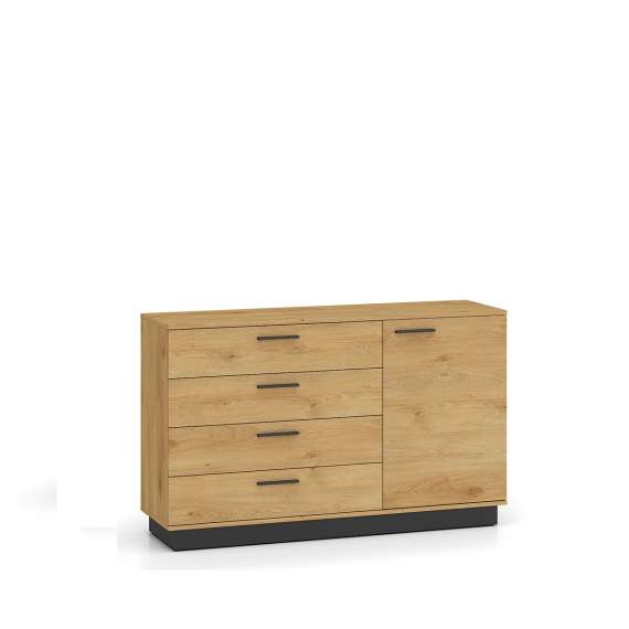 Skjenk Modesto - 138x86 cm - eik stille - svart matt - 1 dør - 4 skuffer