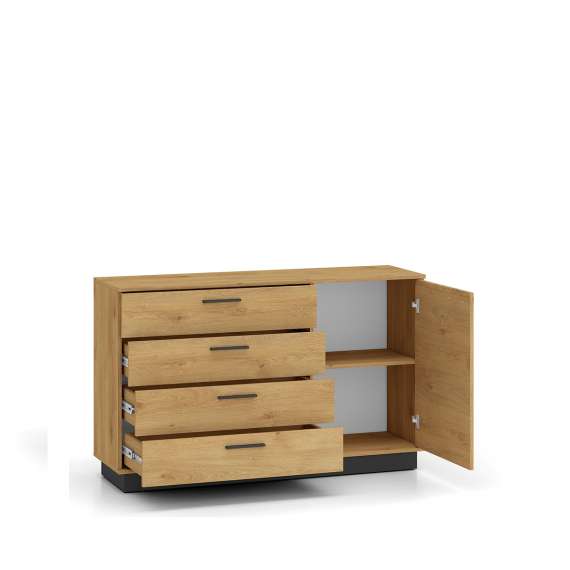 Skjenk Modesto - 138x86 cm - eik stille - svart matt - 1 dør - 4 skuffer