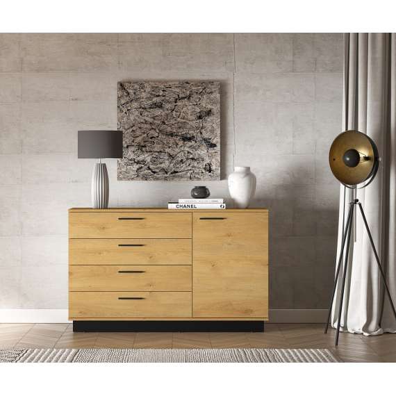 Skjenk Modesto - 138x86 cm - eik stille - svart matt - 1 dør - 4 skuffer