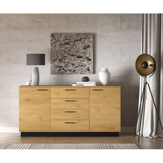 Skjenk Modesto - 170x86 cm - eik stille - svart matt - 2 dører - 4 skuffer