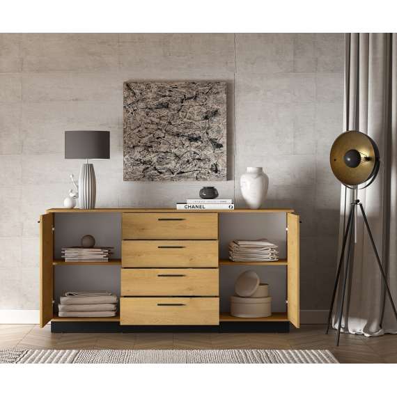 Skjenk Modesto - 170x86 cm - eik stille - svart matt - 2 dører - 4 skuffer