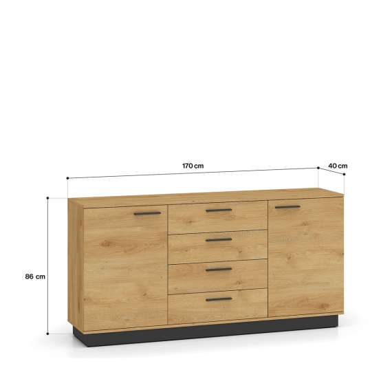 Skjenk Modesto - 170x86 cm - eik stille - svart matt - 2 dører - 4 skuffer