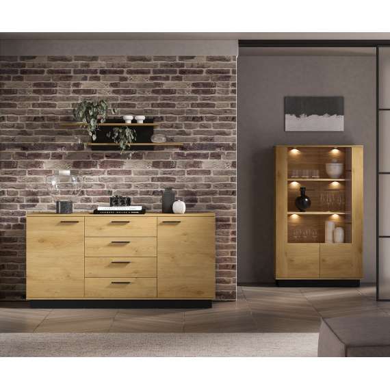 Skjenk Modesto - 170x86 cm - eik stille - svart matt - 2 dører - 4 skuffer