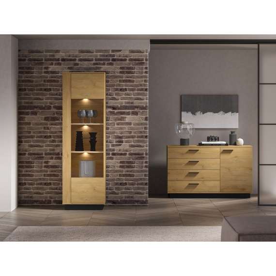 Vitrineskap Modesto - 60x196 cm - eik stille - svart matt - 1 dør