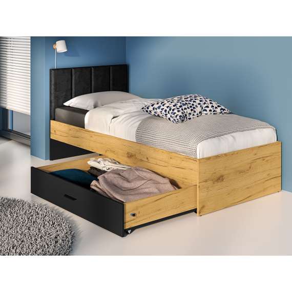 Seng Colt 90x200 cm - eik craft gold - svart matt - oppbevaringsskuff