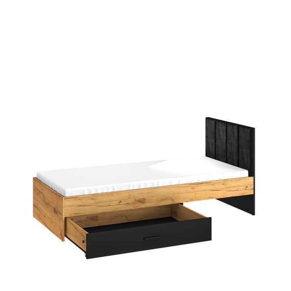 Seng Colt 90x200 cm - eik craft gold - svart matt - oppbevaringsskuff