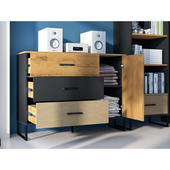 Kommode Colt 120x90 cm - eik craft gold - svart matt - steel