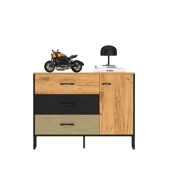 Kommode Colt 120x90 cm - eik craft gold - svart matt - steel