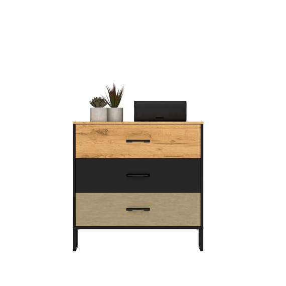 Kommode Colt 92x90 cm - eik craft gold - svart matt - steel