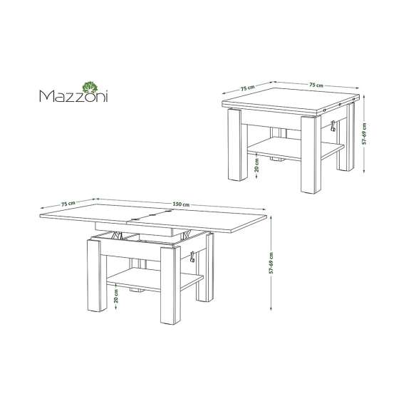 Sofabord CLEO - 75-150x75 cm - eik brun - svart matt - hev/senk