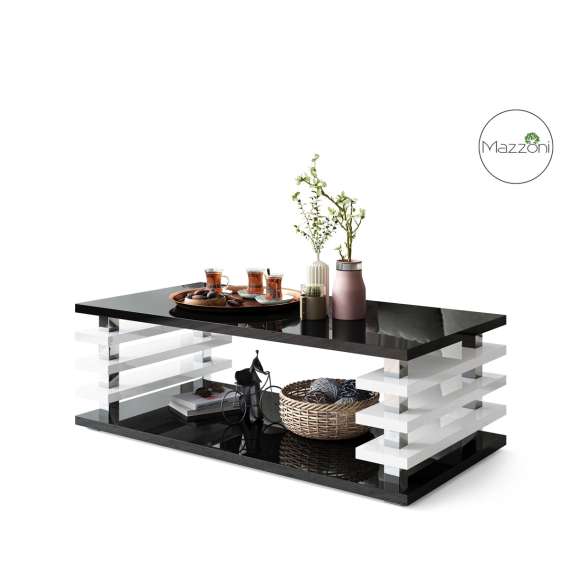 Sofabord PORTO - 120x60 cm - svart høyglans - hvit høyglans spiler