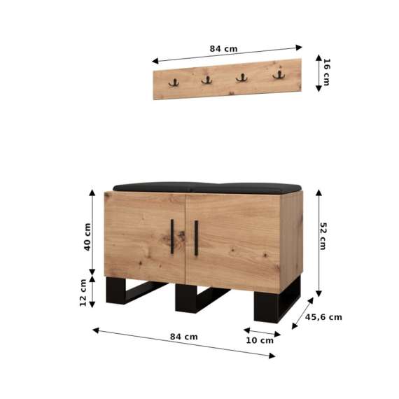 Skobenk med knaggrekke ARTIN 84x52 cm - eik artisan
