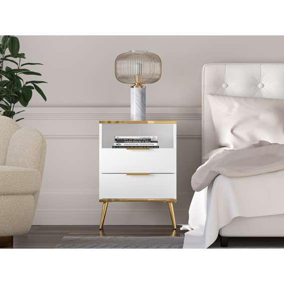 Nattbord VINTERBO - 50x70 cm - hvit matt - 2 skuffer - metall bein