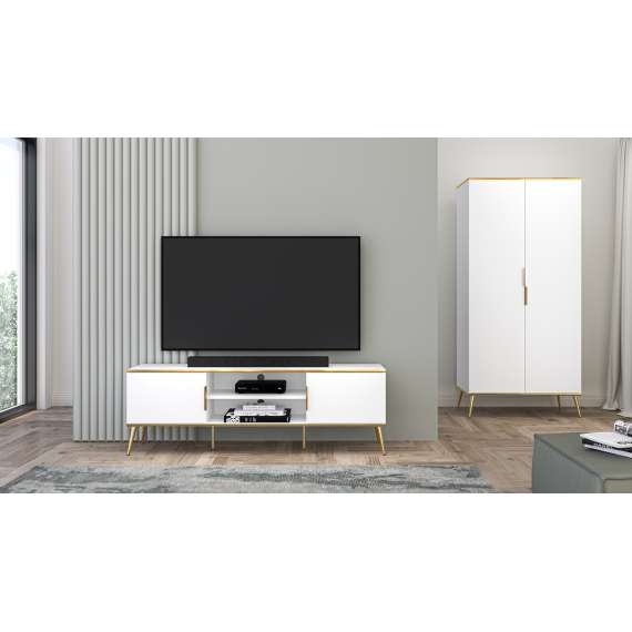 Tv-benk VINTERBO - 160x53 cm - hvit matt - 2 dører - metall bein