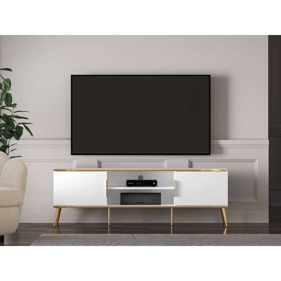 Tv-benk VINTERBO - 160x53 cm - hvit matt - 2 dører - metall bein
