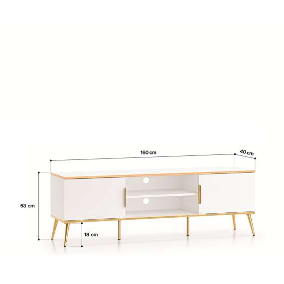 Tv-benk VINTERBO - 160x53 cm - hvit matt - 2 dører - metall bein