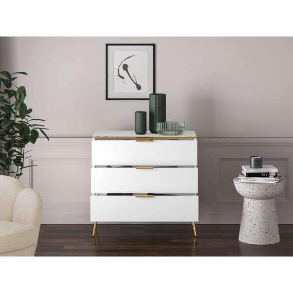 Skjenk VINTERBO - 92x88 cm - hvit matt - 3 skuffer - metall bein