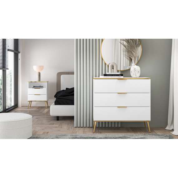 Skjenk VINTERBO - 92x88 cm - hvit matt - 3 skuffer - metall bein