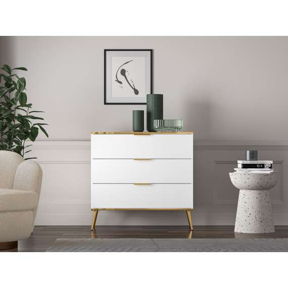 Skjenk VINTERBO - 92x88 cm - hvit matt - 3 skuffer - metall bein