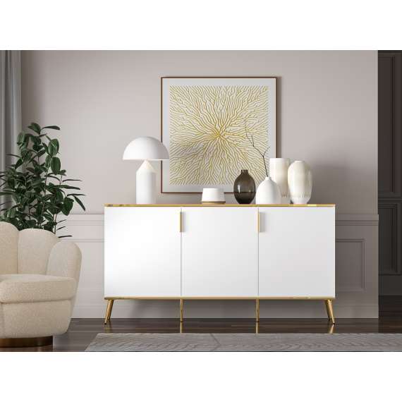 Skjenk VINTERBO - 170x88 cm - hvit matt - 3 dører - metall bein