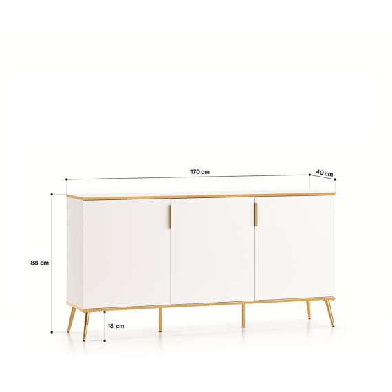 Skjenk VINTERBO - 170x88 cm - hvit matt - 3 dører - metall bein