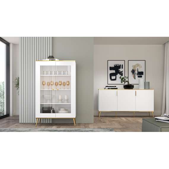 Vitrineskap VINTERBO - 92x152 cm - hvit matt - 2 dører - metall bein