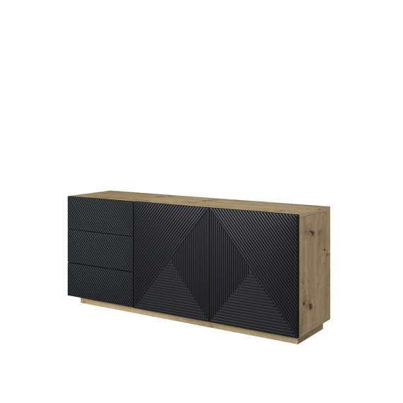 Skjenk Ash 167x71 cm - eik - sort - 2 dører - 3 skuffer