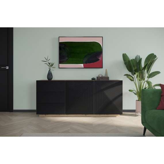 Skjenk Ash 167x71 cm - eik - sort - 2 dører - 3 skuffer