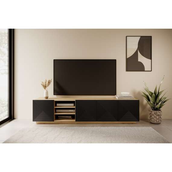 Tv-benk Ash 200x46 cm - eik - sort - 4 dører - hyller