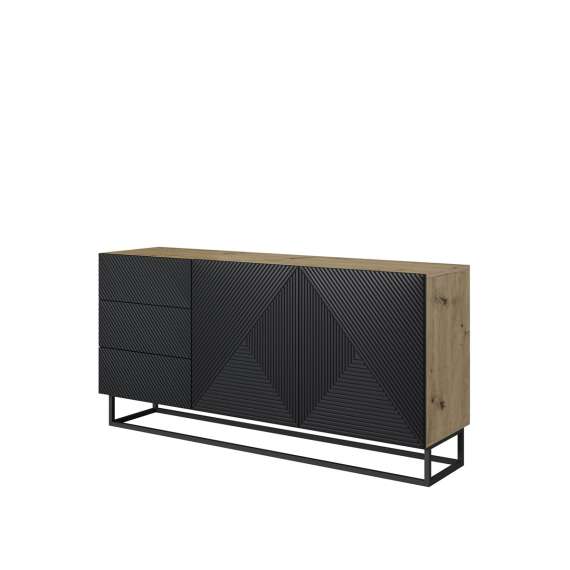 Skjenk Ash 167x81 cm - eik - sort - 2 dører - 3 skuffer